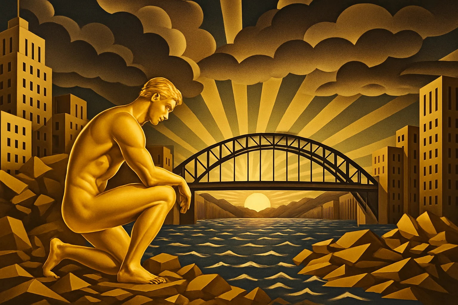 A golden, muscular figure kneels on rubble by a river, surrounded by damaged buildings, with a bridge and a dramatic sunrise or sunset in the background.