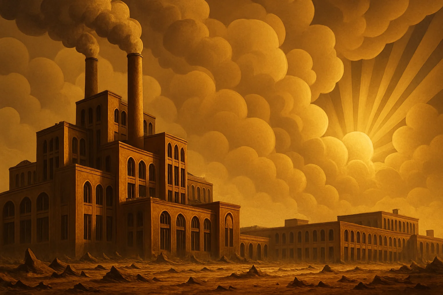 A golden, muscular figure stands confidently among ruined buildings, with dark clouds and sun rays shining through in the background.