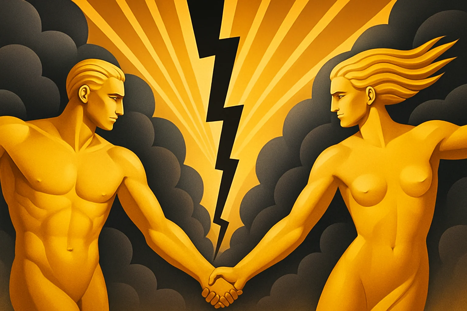 Two golden figures hold hands in front of dark clouds, separated by a jagged black lightning bolt under bright sun rays.