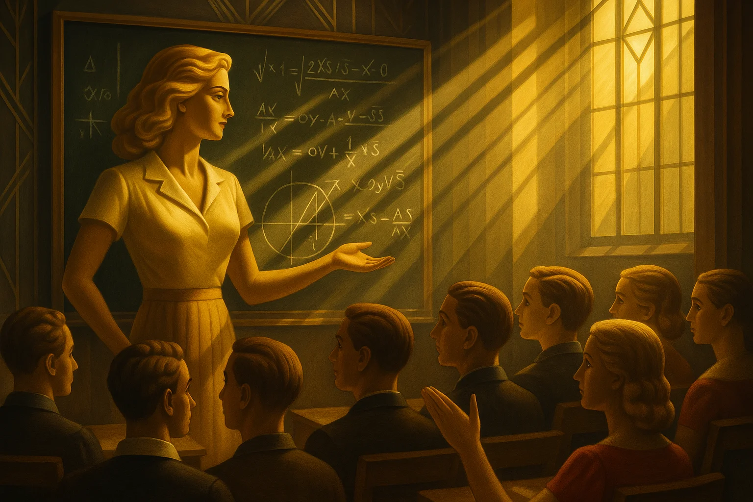 A teacher stands in front of a chalkboard filled with complex math equations, explaining to a classroom of attentive students.