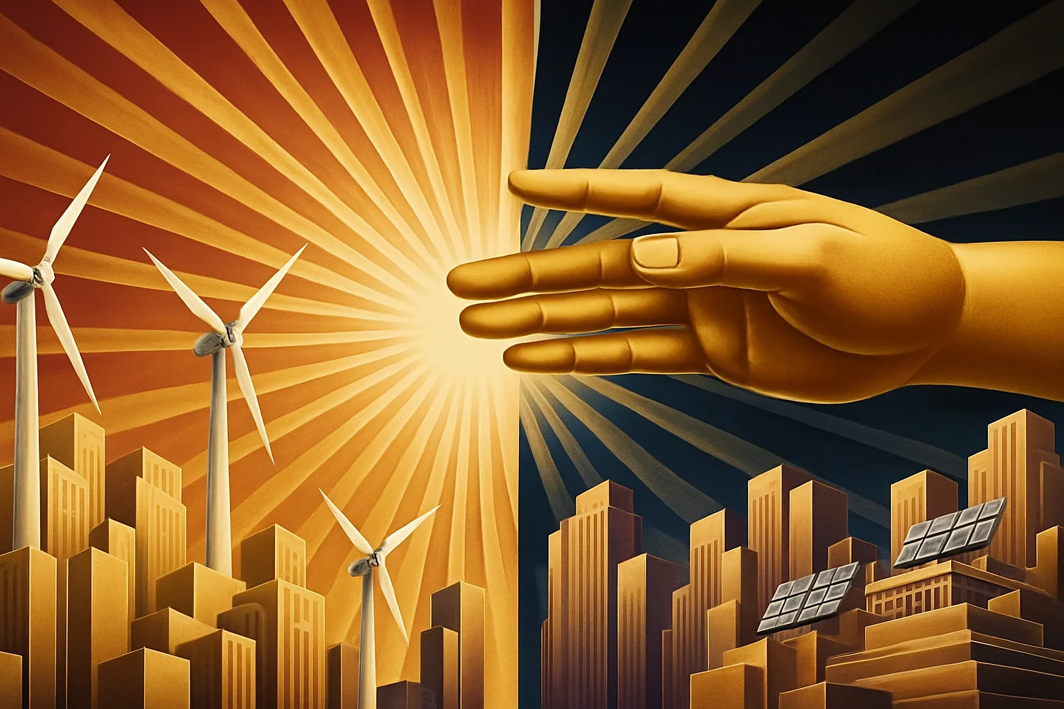 A large golden hand blocks half of a radiant sun above a cityscape, dividing the scene into a warm side with wind turbines and a cool side with solar panels.