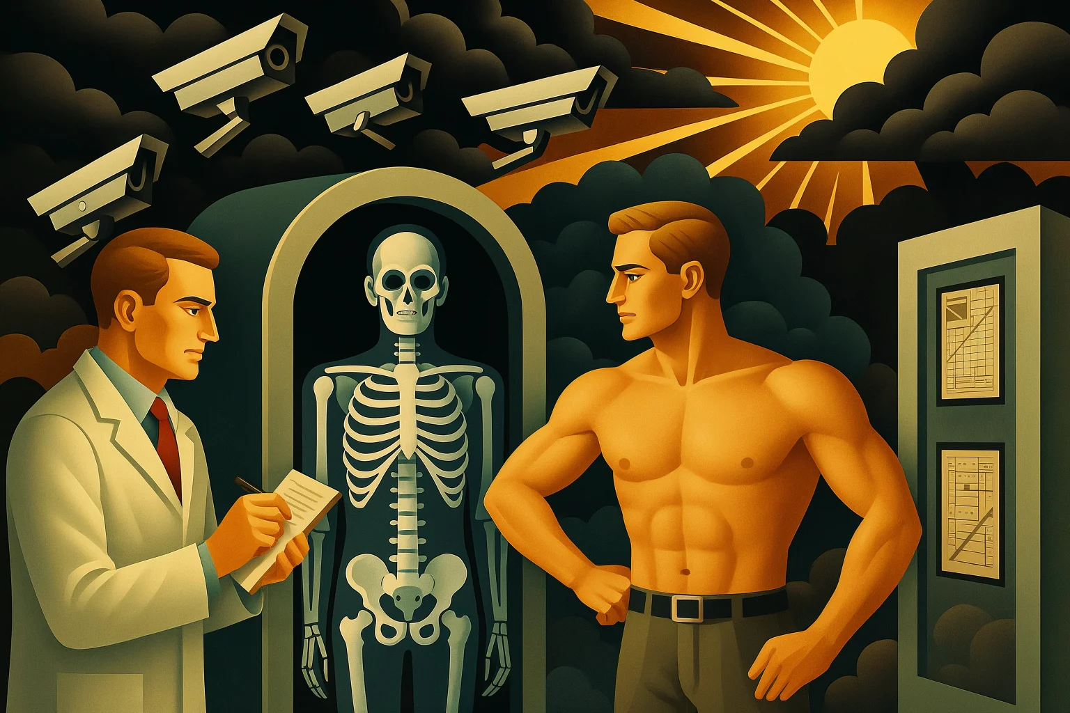 A doctor takes notes while a shirtless man stands beside an X-ray machine showing his skeleton, with surveillance cameras and dramatic sun rays in the background.