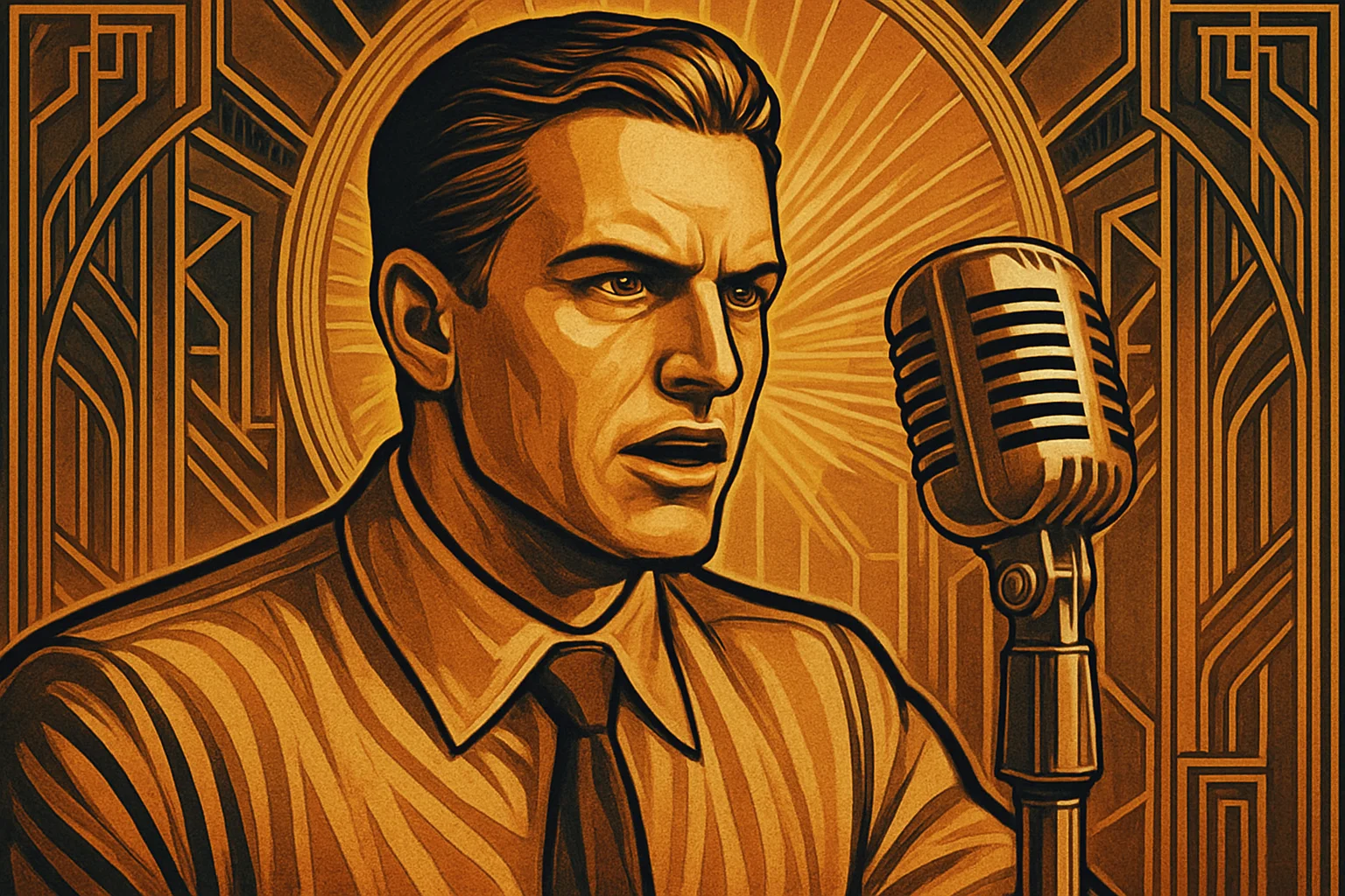A serious-looking John Galt in a shirt and tie speaks into a vintage microphone, with sunburst patterns and art deco designs in the background.