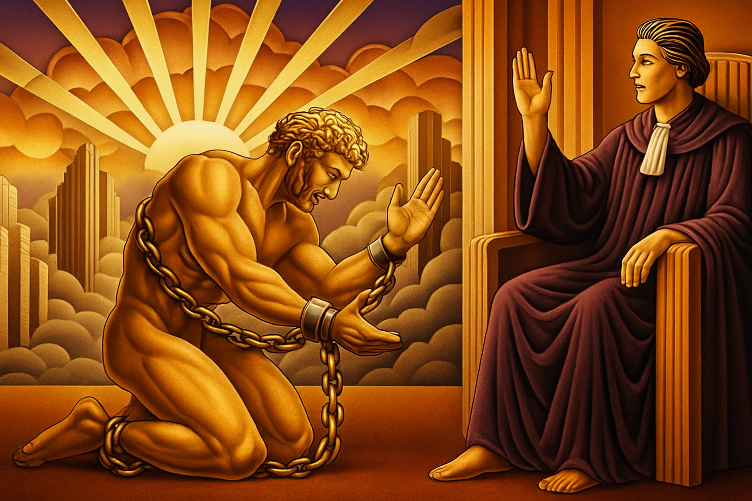 A golden figure kneels and raises a hand toward a judge seated on a throne, with a city in ruins and the sun setting behind clouds in the background.