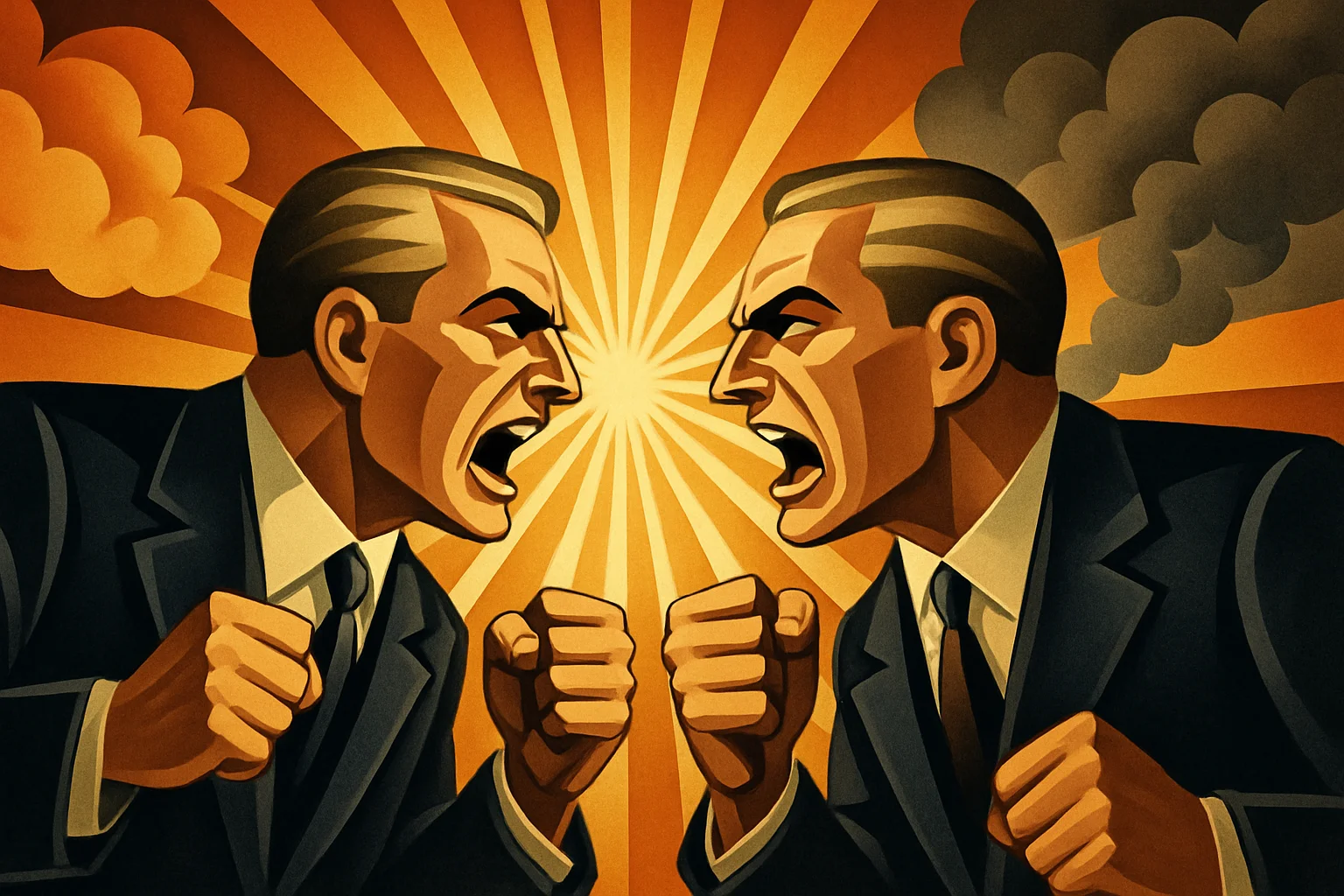 Two politicians in suits angrily face each other with clenched fists, shouting, while dramatic sun rays and clouds fill the background.