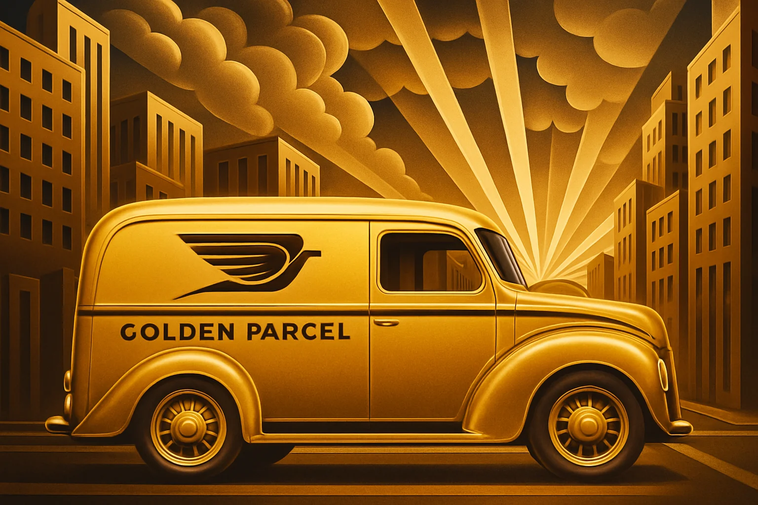 A golden delivery van labeled 'Golden Parcel' drives through a city with tall buildings, dramatic clouds, and sun rays in the background.