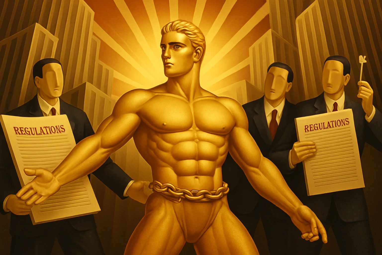 A golden muscular figure stands in the center with a chain around his waist, surrounded by faceless businessmen holding papers and a key, against a backdrop of tall buildings and radiant sunlight.
