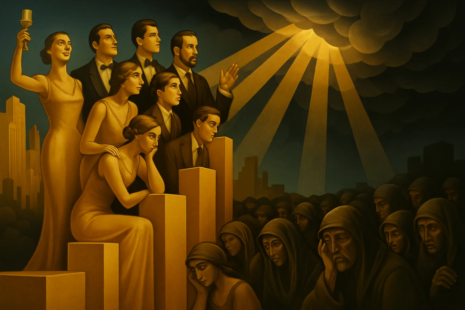 A group of elegantly dressed people stand and sit on golden bars under rays of light, while a crowd of sad, hooded figures sits in the shadows below.