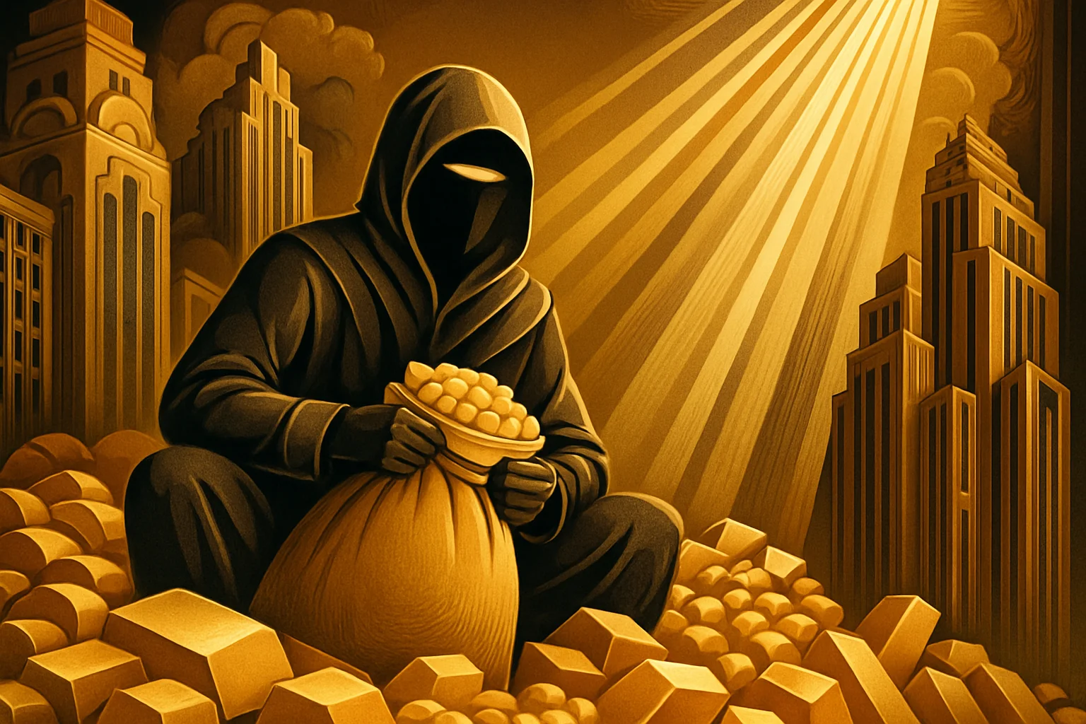 A hooded, faceless figure in dark clothing crouches among piles of gold bars, holding a sack of gold, with city buildings and dramatic light beams in the background.