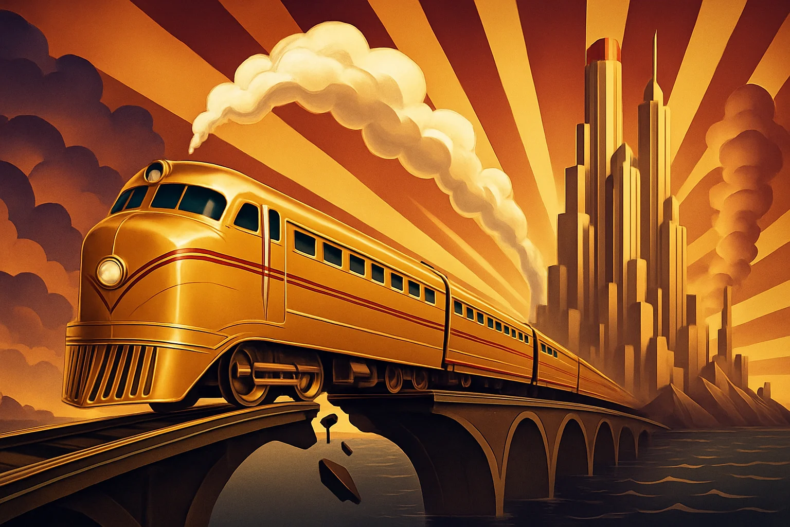 A golden train crosses a broken bridge over water, driving away from a futuristic city with tall skyscrapers, under dramatic sun rays and clouds.
