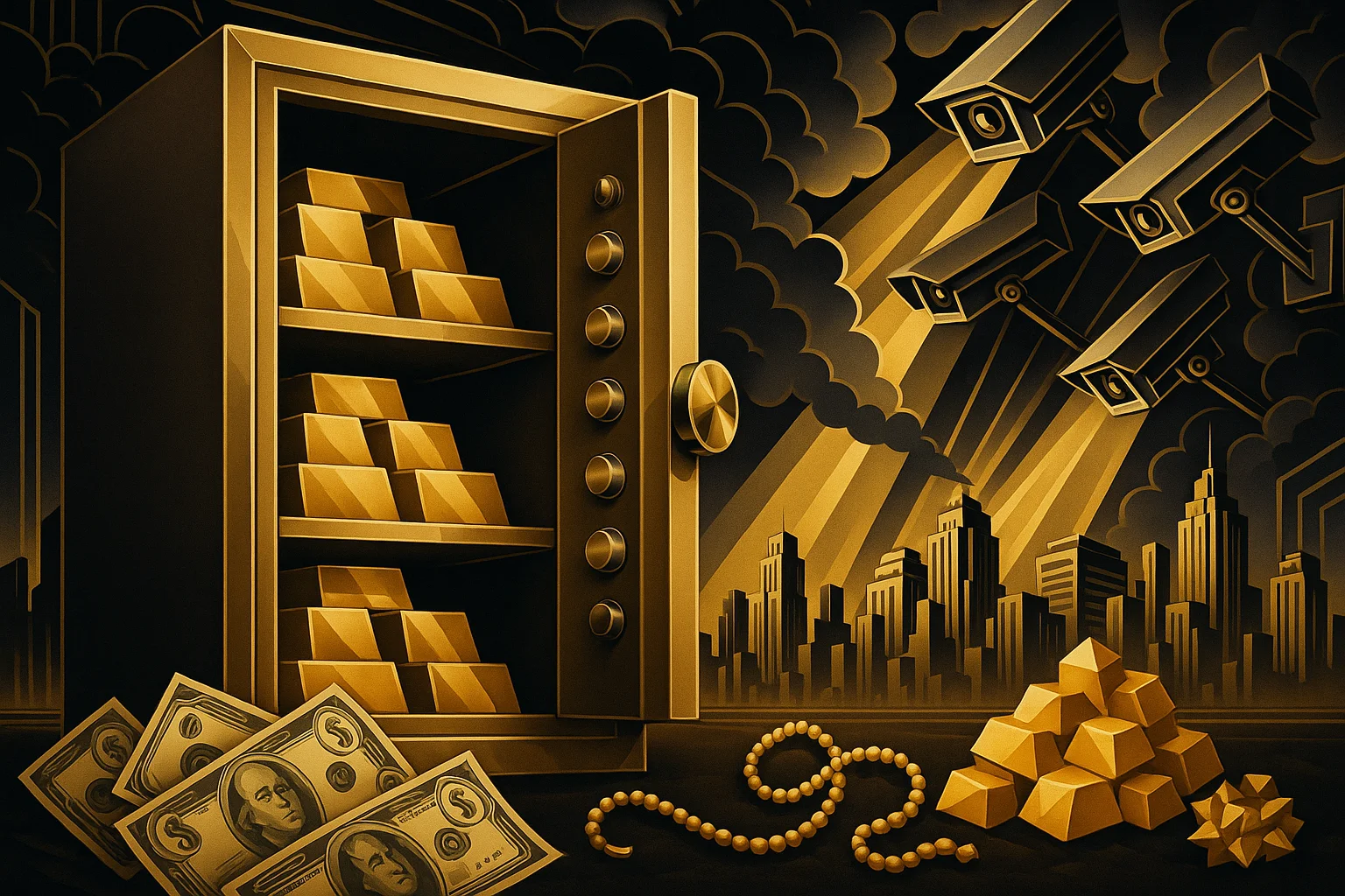 An open safe filled with gold bars, surrounded by cash, pearls, and more gold, with surveillance cameras watching over a city skyline under dramatic clouds and sun rays.
