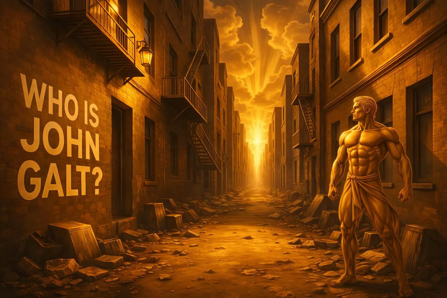 A narrow, dirty alleyway at night, lined with tall brick buildings covered in colorful graffiti, one with says 'Who is John Galt?', and scattered with piles of trash, while a glowing city skyline is visible in the distance under a starry sky.