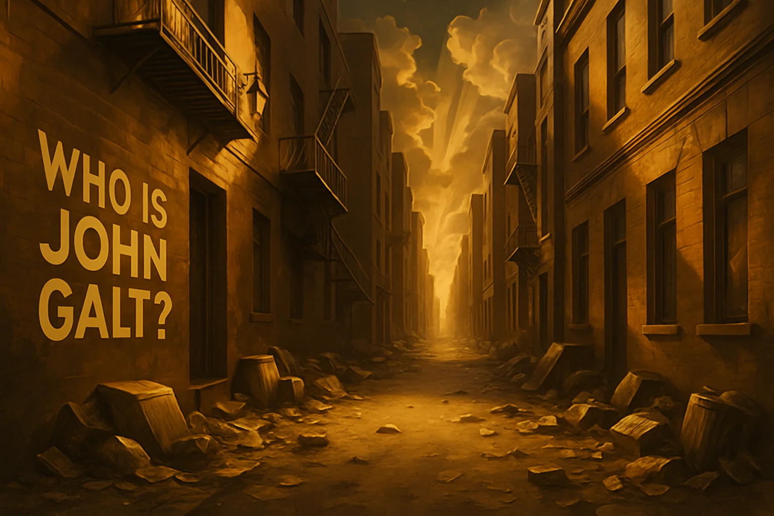 A narrow, dirty alleyway at night, lined with tall brick buildings covered in colorful graffiti, one with says 'Who is John Galt?', and scattered with piles of trash, while a glowing city skyline is visible in the distance under a starry sky.